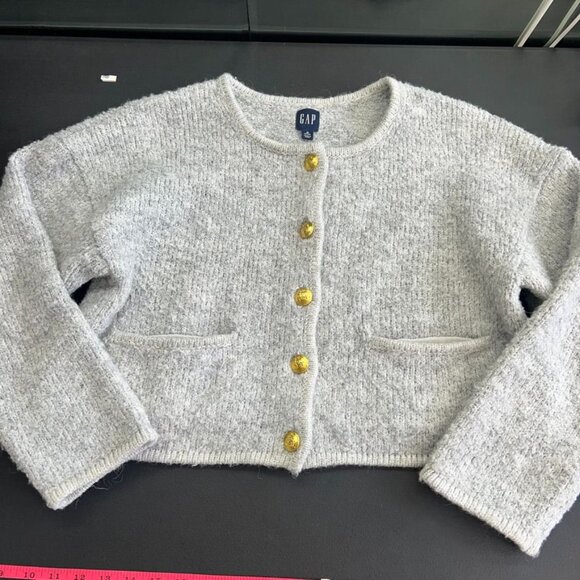 GAP Light Heather Grey Boucle Cropped Sweater Womens Size M Petite - Picture 12 of 14